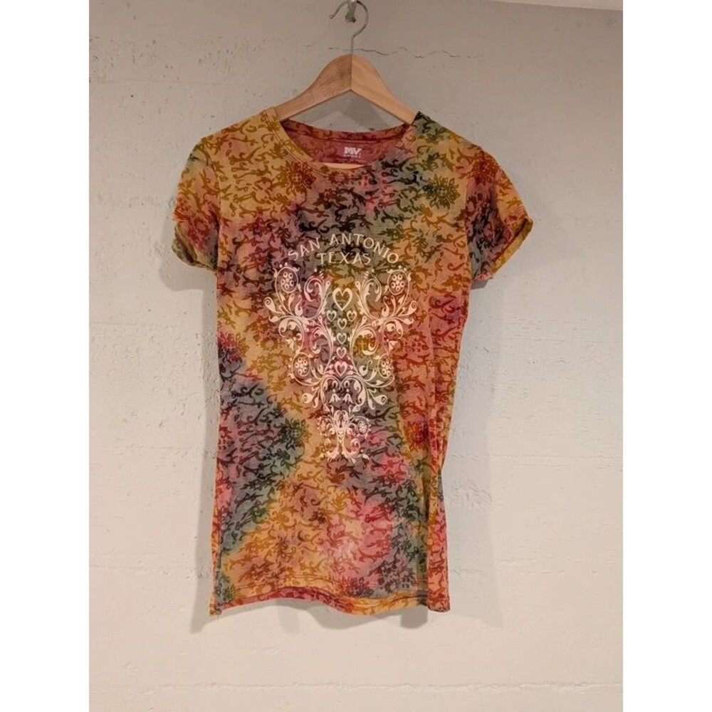 MV Sport San Antonio Texas Tie Dye Graphic Tee Semi Sheer Burnout Style Retro M